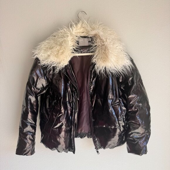 ASOS DESIGN Metallic Mongolian Faux Fur Padded Jacket – Size 0 - Picture 1 of 9